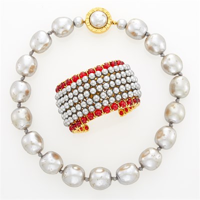 Lot 267 - Chanel Gilt-Metal, Imitation Pearl and Glass Bead Cuff Bracelet and Karl Lagerfeld Glass Imitation Pearl Necklace