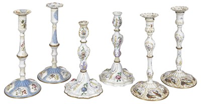 Lot 85 - Three Pairs of Battersea Enameled Candlesticks...