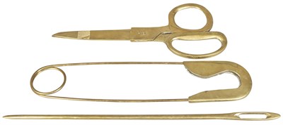 Lot 213 - Three Oversized Novelty Brass Sewing Articles...
