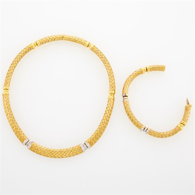Lot 243 - Tricolor Gold and Diamond Necklace and Bracelet