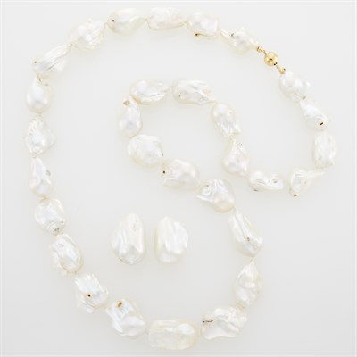 Lot 239 - Long Gold, Baroque South Sea Cultured Pearl Necklace and Pair of Earrings