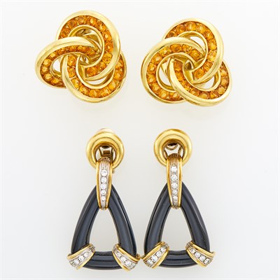 Lot 242 - Pair of Gold and Citrine Earclips and Pair of Gold, Onyx and Diamond Door Knocker Earclips