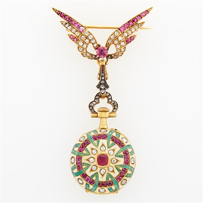 Lot 221 - Antique Gold, Ruby, Diamond and Enamel Lapel-Watch