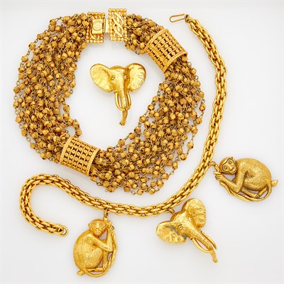 Lot 283 - Dominique Aurientis Gilt-Metal Torsade Necklace and Monkey and Elephant Motif Necklace