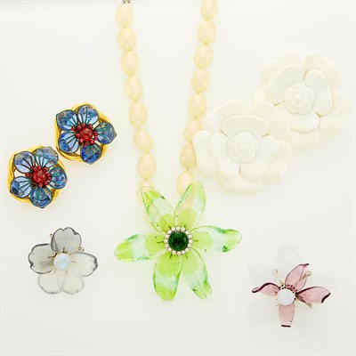 Lot 272 - Chanel Resin and Multicolored Gripiox and Strass Flower Necklace, Two Brooches and Two Pairs of Earclips