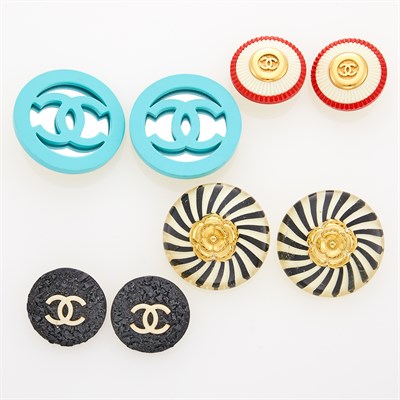 Lot 270 - Chanel Four Pairs of Black, White, Red and Teal Resin and Mirrored Earclips