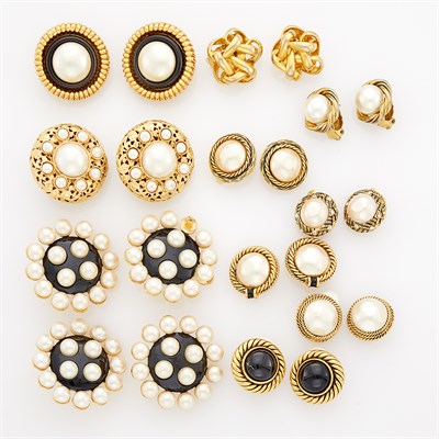 Lot 280 - Chanel Eleven Pairs of Gilt-Metal, Imitation Pearl, Strass and Gripiox Earclips