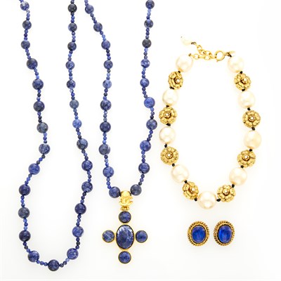 Lot 254 - Chanel Three Gilt-Metal, Imitation Glass Pearl and Glass Bead Necklaces, Pendant and Pair of Gilt-Metal and Gripiox Earclips