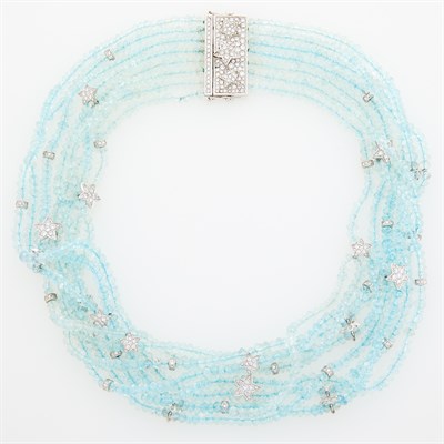 Lot 245 - White Gold, Eight Strand Aquamarine Bead and Diamond Necklace