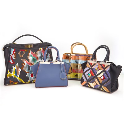 Lot 232 - Fendi Multicolored 'Peekaboo' Handbag, Fendi Petit 2 Jours Handbag and Two Fendi Mini 2 Jours Leather Handbags