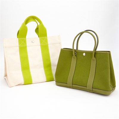 Lot 229 - Hermès Green Canvas and Leather Garden Party TPM Tote Bag and Hermès Canvas Tote