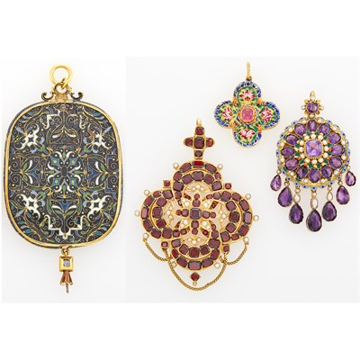 Lot 220 - Three Antique Gold, Garnet, Amethyst, Tourmaline, Seed Pearl and Enamel Pendants and Gold and Enamel Compact-Pendant