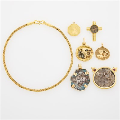 Lot 224 - Three Gold, Ruby and Silver Coin Pendants, Three Gold Figural or Astrological Pendants and Woven Gold Chain