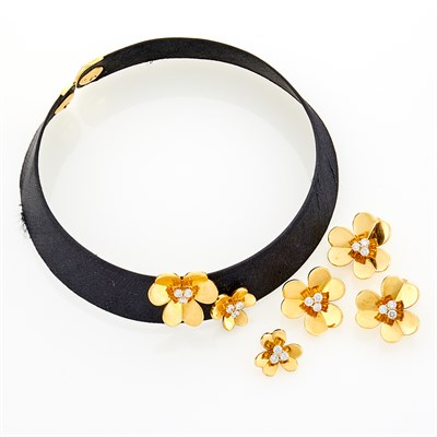 Lot 238 - Gold, Diamond and Fabric Flower Necklace and Pair of Earclips