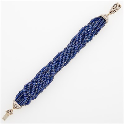 Lot 246 - Multistrand Sapphire Bead Torsade Bracelet with White Gold and Diamond Clasp