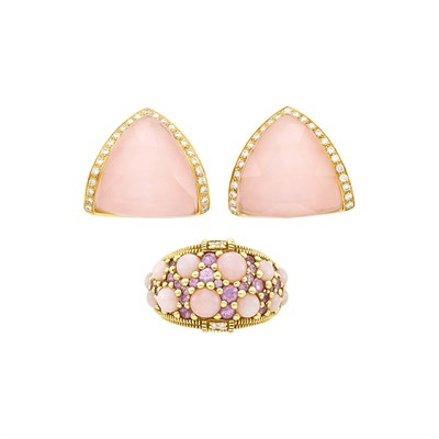 Lot 32 - Pair of Gold, Pink Opal and Diamond Earrings and Judith Ripka Gold, Pink Opal, Pink Sapphire and Diamond Ring