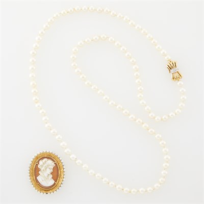 Lot 1073 - Long Cultured Pearl Necklace with Gold and Diamond Bow Clasp and Gold, Cultured Pearl and Cameo Pendant-Brooch