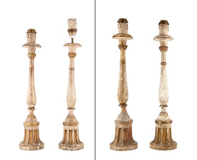 Lot 205 - Set of Four Painted Wood Altar Stick Lamps...
