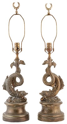 Lot 193 - Pair of Patinated Bronze Dolphin-Form Lamps...