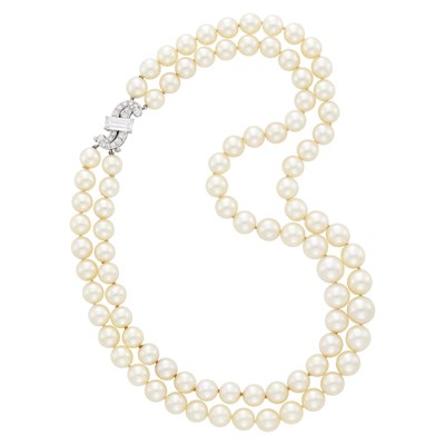 Lot 158 - Double Strand Cultured Pearl Necklace with Platinum and Diamond Clasp