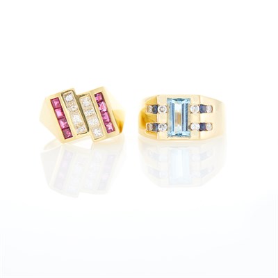 Lot 1213 - Two Gold, Colored Stone and Diamond Rings