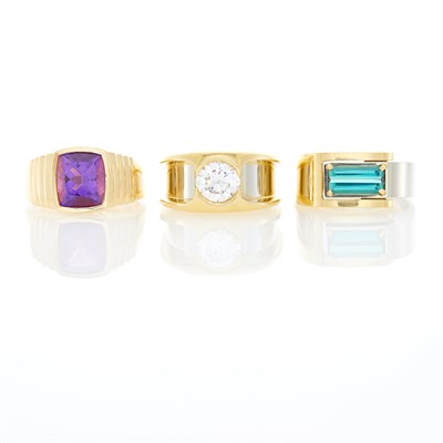 Lot 1093 - Three Two-Color Gold and Gem-Set Rings