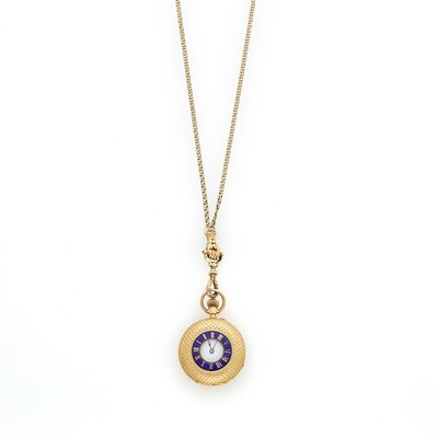 Lot 1205 - Gold and Blue Enamel Demi-Hunting Case Pendant-Watch with Long Figa Slide Chain