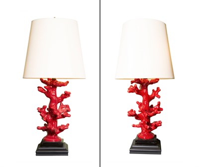 Lot 1042 - Pair of Faux Coral Painted Composition Lamps...