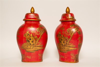 Lot 1068 - Pair of Red and Gilt Lacquered Chinoiserie...