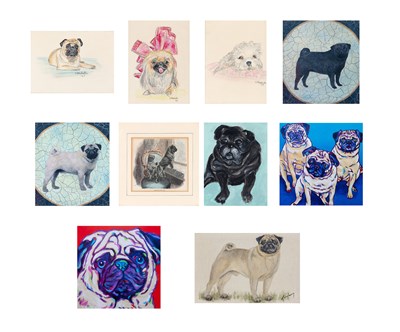 Lot 1009 - Group of Ten Dog Artworks (i) [PUGS] Two color...