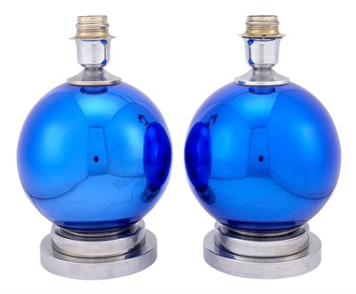 Lot 338 - Pair of Cobalt Blue Mercury Glass Lamps Each...