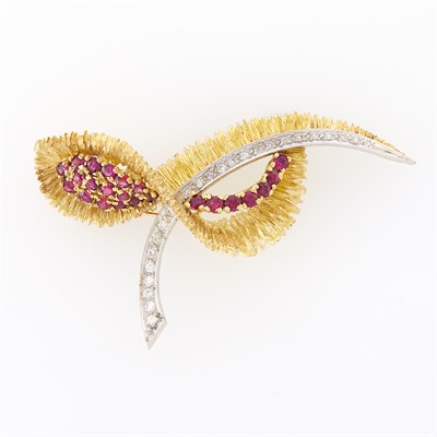 Lot 1115 - Two-Color Gold, Ruby and Diamond Brooch