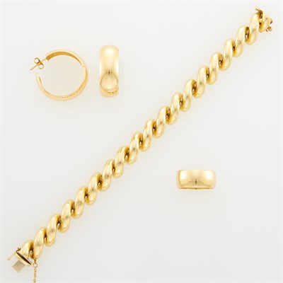 Lot 1122 - Gold San Marco Link Bracelet, Pair of Hoop Earrings and Wide Band Ring