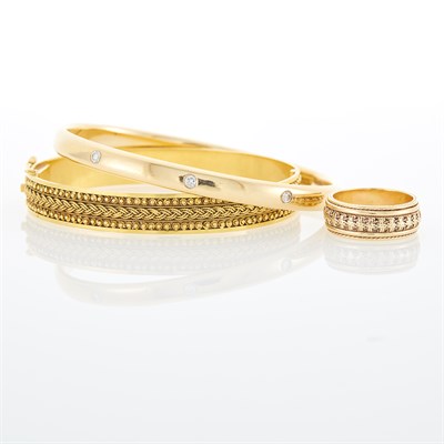 Lot 1094 - Gold and Diamond Bangle Bracelet and Gold Bangle Bracelet and Band Ring