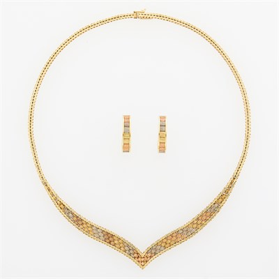 Lot 1123 - Tricolor Gold Necklace and Pair of Hoop Earrings