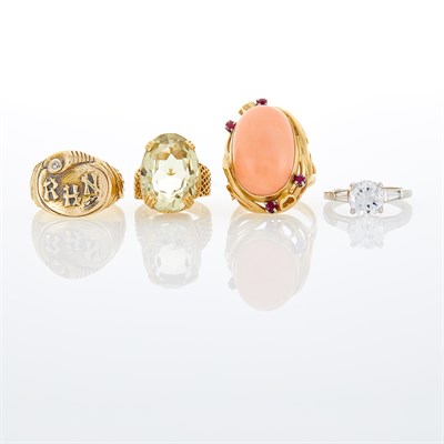 Lot 1161 - Three Gold, Colored Stone and Coral Rings and Platinum and Cubic Zirconia Ring