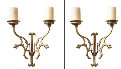 Lot 7 - Pair of Gothic Style Brass Two-Branch Sconces...