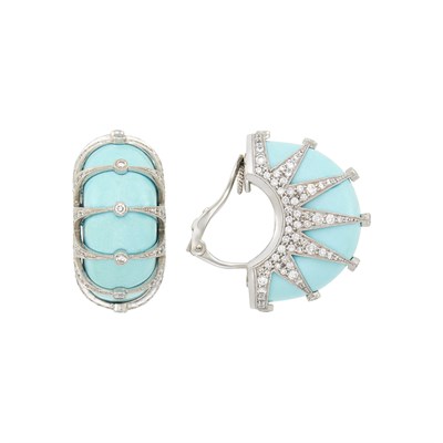 Lot 94 - Fred Leighton Pair of Platinum, Turquoise and Diamond Earclips