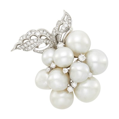 Lot 108 - Seaman Schepps White Gold, South Sea Cultured Pearl and Diamond Clip-Brooch