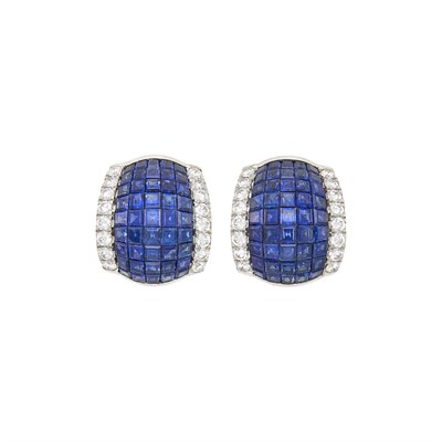 Lot 235 - Pair of Platinum, Invisibly-Set Sapphire and Diamond Bombé Earclips