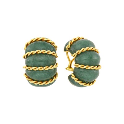 Lot 53 - Seaman Schepps Pair of Gold and Aventurine Quartz 'Shrimp' Earclips