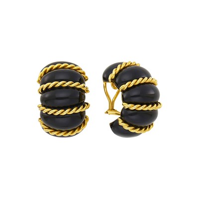 Lot 43 - Seaman Schepps Pair of Gold and Black Onyx 'Shrimp' Earclips