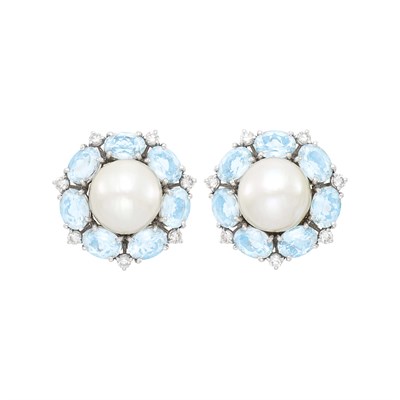 Lot 115 - Seaman Schepps Pair of White Gold, Semi-Baroque Cultured Pearl, Aquamarine and Diamond Earclips