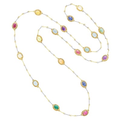 Lot 35 - Long Two-Color Gold and Cabochon Gem-Set Chain Necklace