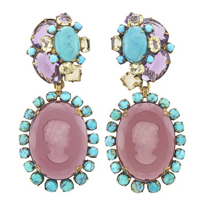 Lot 119 - Iradj Moini Pair of Gilt-Metal, Amethyst Intaglio, Amethyst, Turquoise and Citrine Pendant-Earclips