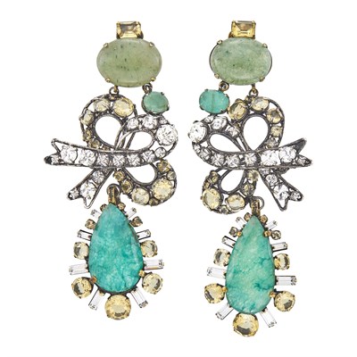 Lot 115 - Iradj Moini Pair of Gilt-Metal, Emerald, Dyed Quartz, Aventurine Quartz, Citrine and Paste Pendant-Earclips
