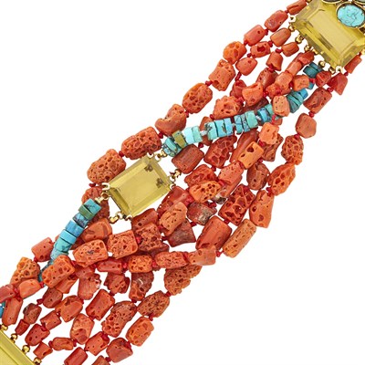 Lot 120 - Iradj Moini Multistrand Coral, Gilt-Metal, Citrine and Turquoise Torsade Bracelet