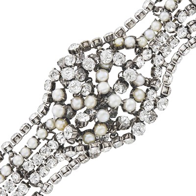 Lot 116 - Iradj Moini Wide Multistrand Gilt-Metal, Rhinestone and Freshwater Pearl Bracelet