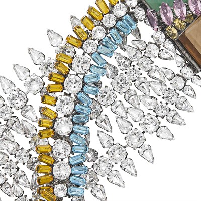 Lot 117 - Iradj Moini Wide Multistrand Gilt-Metal, Rhinestone, Aventurine Quartz, Smoky Quartz, Amethyst, Citrine and Paste Bracelet