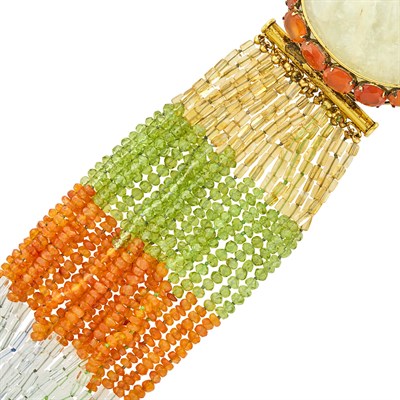 Lot 118 - Iradj Moini Multistrand Rock Crystal, Agate, Peridot and Citrine Bead Bracelet with Gilt-Metal and Quartz Clasp